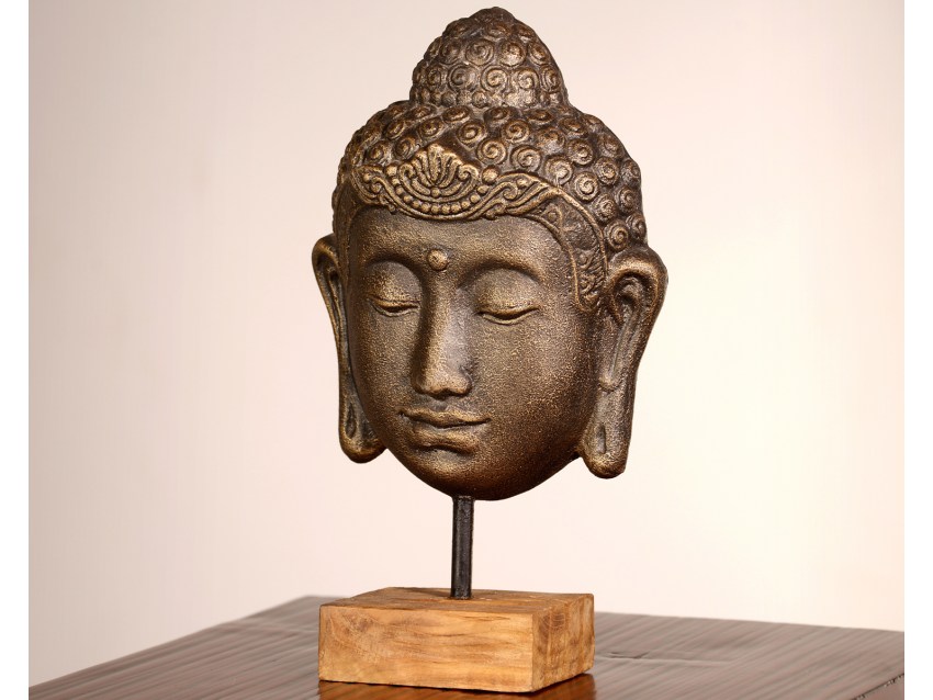 PANJANG Kleiner Buddhakopf auf Teakholz Sockel - Antique Gold | FLAIR COLLECTION