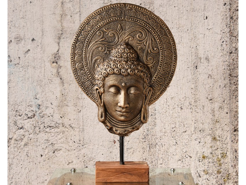 BURIAS Buddhakopf auf Teakholz Sockel - Antique Gold - Groß | FLAIR COLLECTION