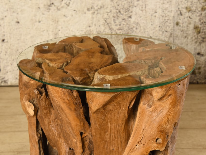 KOROBA Beistelltisch - Wurzelholztisch mit Glasplatte - Rund  Ø 56 cm - Höhe 65 cm | WOOD COLLECTION