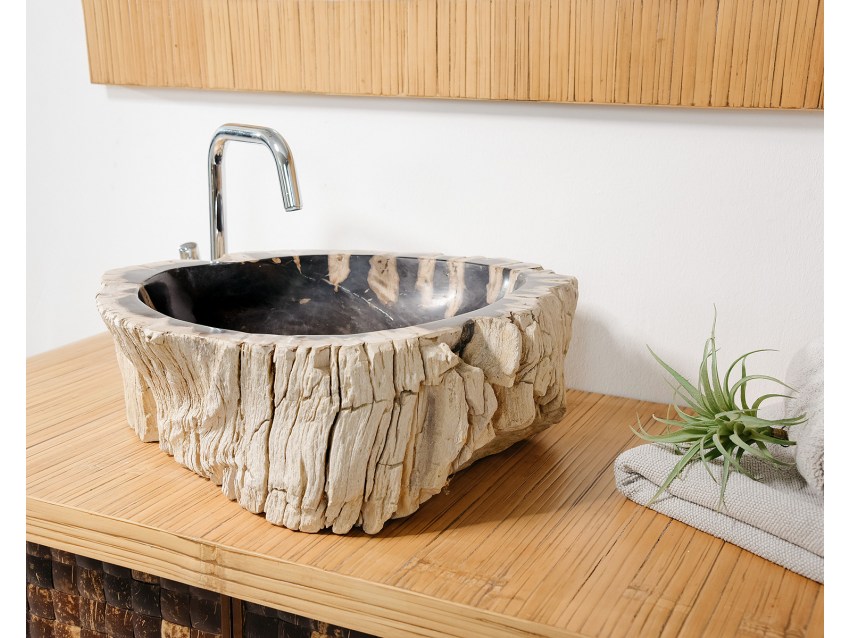 FOSSILE-3 Naturstein Handwaschbecken aus versteinertem Holz - 48x42xH16 | BADMÖBEL KOLLEKTION