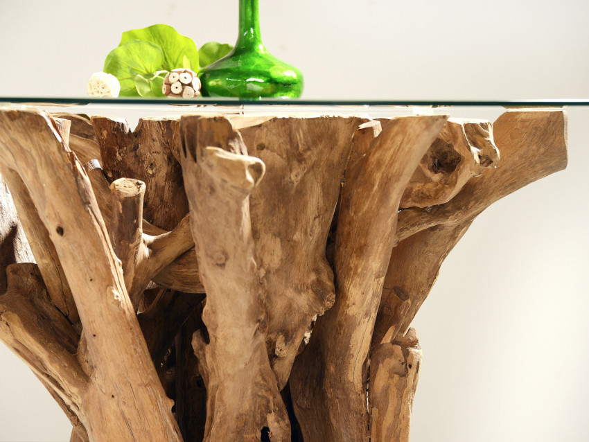 KOROBA Teak Esstisch aus Wurzelholz mit Glasplatte - Ø 100, 120 oder 140 cm | WOOD COLLECTION