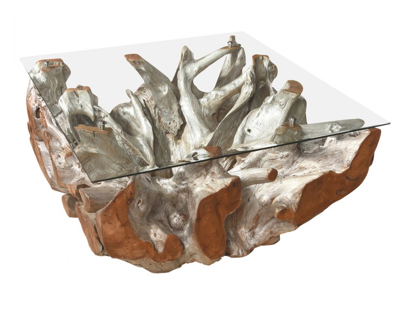 SHIMOGA Moderner Wurzelholz Couchtisch -Couchtisch aus Teak-Wurzelholz - Rechteck - Farbe Silber 110x70 | WOOD COLLECTION
